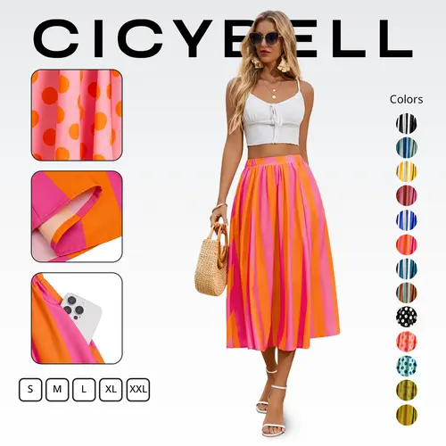 Cicy Bell Womens Summer Striped Maxi Skirts A-Line Elastic Waist Flowy Skirt Beach Vacation Outfits