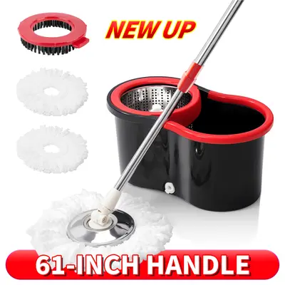 Spin Mop and Bucket Set with Wringer - 360° Rotating Spin Bucket Mops System, 3 Microfiber-Cotton Refill Heads, 61-in Adjustable Stainless Steel Handle, Clean Floors Solution for Hard Floor Cleaning, Bathroom Home Use
