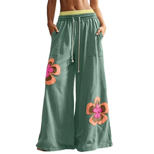 Women's Bohemian Wide-Leg Floral Patchwork Pants - Multi-Size (US 12-14)L Adjustable Cotton Blend Loose-Fit Elastic Waist Bottoms with Floral Embroidery, Stylish Casual Trousers with Pockets, Effortless Everyday Womenswear,sohochic
