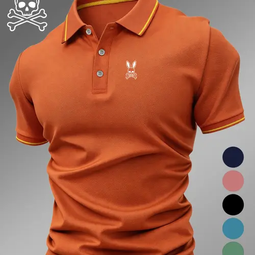 Men's Geometric Print Rabbit Skull Polo Shirt, Fitted Casual Style, Breathable and Comfortable, All-Season Wear, High-Quality Durable Polo Top, Casual Polo Shirts