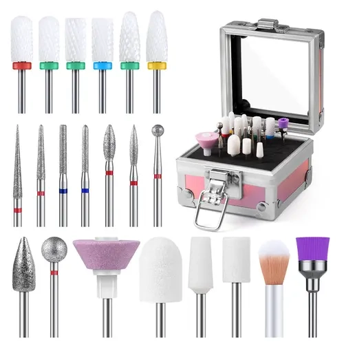 21Pcs Ceramic Diamond Carbide Nail Drill Bits with Portable Holder Case