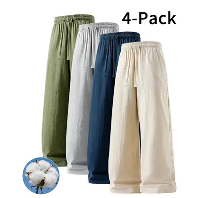 Men's Minimalist Cotton Linen Trousers - 4-Pack or Optional 2-Pack, Elastic Waist Drawstring, Wrinkle-Resistant, Casual Menswear Clothes Perfect for Layering, Fashion Apparel