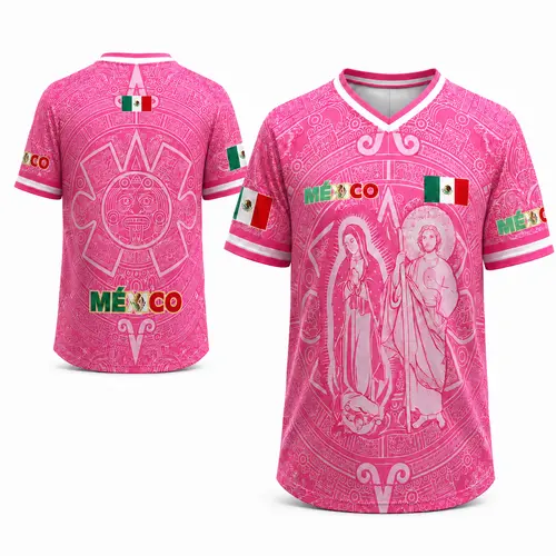 Mexico Pink Soccer Jersey for Men - V-Neck Full Print Virgen de Guadalupe Breathable Mesh Athletic Top, Casual Sporty Top, Sports Style Jersey, Sportswear Clothing