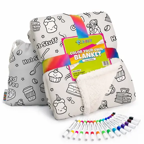 Craftikit Adult Coloring Blanket - Coffee Design, Sherpa-Lined, 40x60 in, Cozy All-Seasons Room Decor, Unique Gifts for Women, Adulting/Gf Gift, Travel-Ready Tote & Fabric Markers Included
