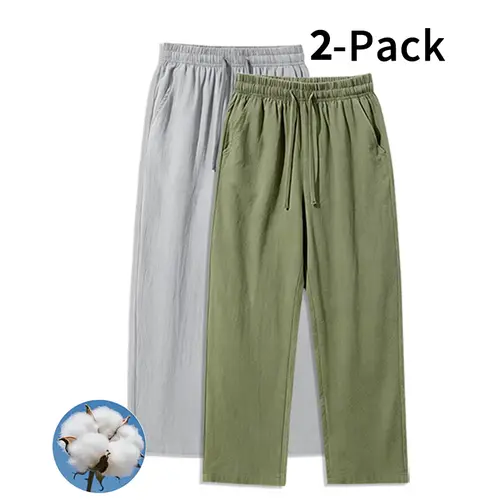Men's 2-Pack Linen-Feel Cotton Casual Pants, Adjustable Drawstring, Lightweight, Wrinkle-Resistant, Baggy Elastic, Comfy for Everyday Wear, Menswear Trousers