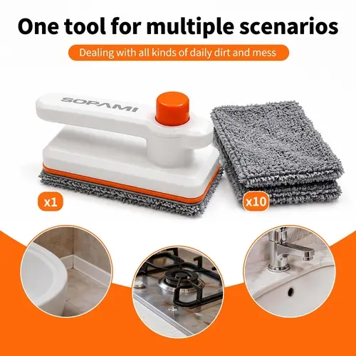 SOPAMI Lightweight Easy-Lock Handheld Cloth Mop - Lightweight Flat Floor Cleaning Tool, Compact Corner-Reach Multi-Purpose Deep Cleaner with 10 Microfiber Pads, Hands-Free Disposal for Kitchen & Bathroom Quick Cleanups