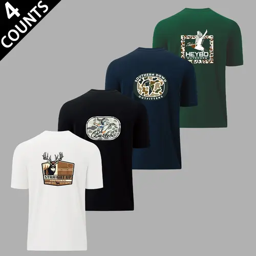 Men's 4-Piece Casual Streetwear Round Neck Short-Sleeve T-Shirt Top Set, Solid Color with Wild Animal Prints (Ducks, Hunting Dogs) on Front & Back, High-Quality Wrinkle-Resistant Loose Fit for Summer Outdoor Activities,summerwins,father'sdaygifts Crewneck