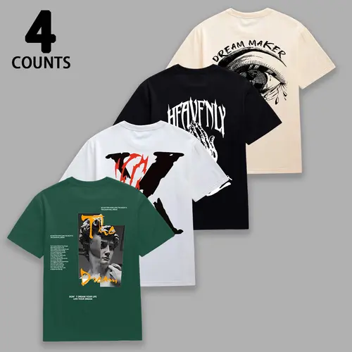 Men's 4-Piece Round Neck Short-Sleeve Graphic Print T-Shirt Set - Chic Streetwear Outfits Tops, Praying Hands & Eye Motifs, Ultra-Soft Breathable Fabric for Casual Outings, Lounging, Polyester Clothes, Graphic Prints