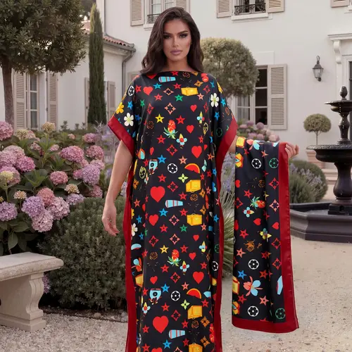 Fashionable Elegant Full-Body Print Robe Set, Moo Moo Long Dress + Headscarf Scarf, Women's Summer Beach Sun Protection Silk Shawl
