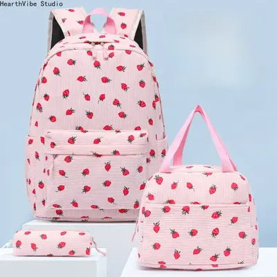 2026 Trending Kawaii 3-in-1 Corduroy Backpack Set for 8-10 Age Kids, Cute Durable Large-Capacity School Bookbag with Lunchbox & Pencil Case, Back to School Shopping Supplies Travel Gym Bag, School Supplies