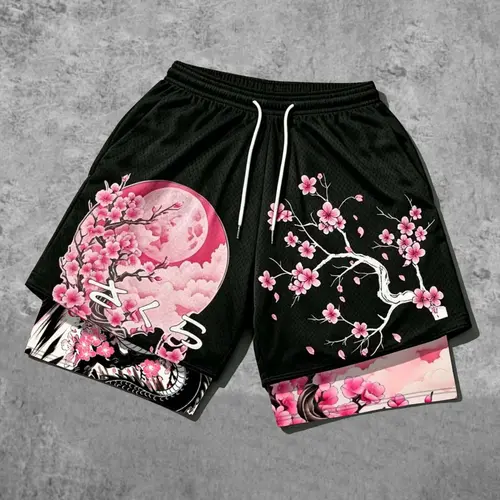 Japanese Cherry Blossom Print Mesh 2-in-1 Gym Shorts, Casual Loose-Fitting Quick-Dry Graphic Shorts, Athleisure Shorts, Active Shorts