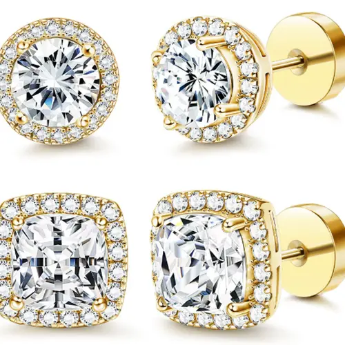 Women's 4-Piece 925 Sterling Silver Plated Earring Stacks, Round/Square Brilliant Cut Halo Frame Studs, Lightweight Hypoallergenic Screw Backs, Non-Tarnish Female Jewelry for Daily Wear, Anniversary Gifts,sohochic