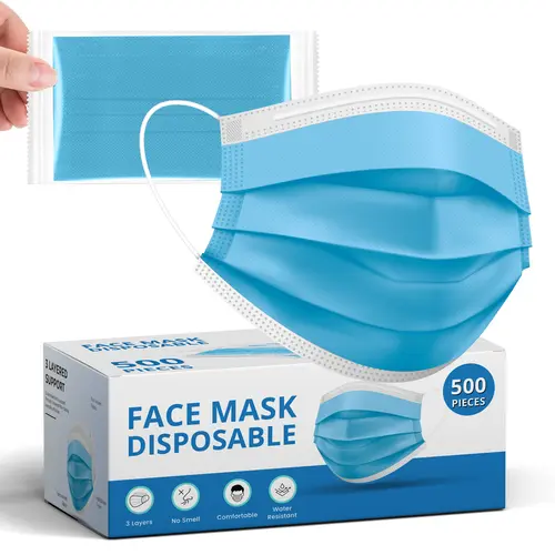 Disposable Face Masks 50/100/200/500 Pack – 3 Layer Breathable Earloop Face Cover for Men & Women, Soft Comfortable Daily Use Masks