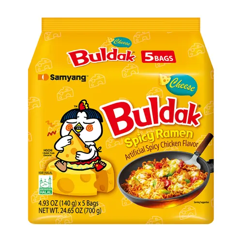 Buldak Korean Spicy Chicken Stir Fried Ramen Cheese Flavor Super Hot Spicy Noodles Authentic Ramyun (Pack of 5)