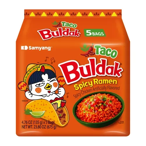 Buldak Korean Spicy Chicken Stir Fried Ramen Taco Flavor Super Hot Spicy Noodles Authentic Ramyun (Pack of 5)