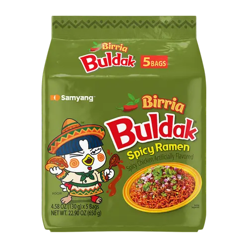 Buldak Ramen Noodles - Authentic Korean Super Hot Stir-Fried Birria Flavor, Chewy Savory Spicy Ambient Instant Noodles with Maltodextrin, Salt (Pack of 5)