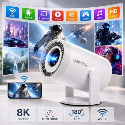 Qawtor Ultra-Bright 300 Lumens Portable Mini Smart Projector - 4K Decoding, 0.9:1 Short Throw, 360° Focus Ring, Indoor Outdoor Room Decor, Up to 235-inch Maximum Display for Home Theater, Travel,sohochic
