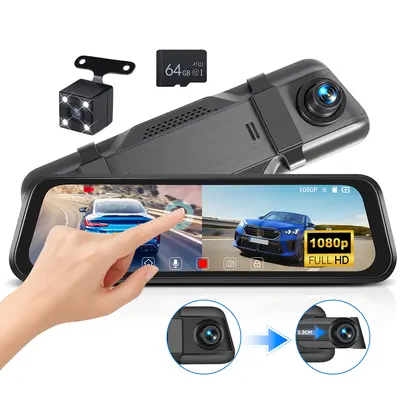 9.66-in Car Dashcam, Split Front+Rear Dual Camera Vehicle Accessories - 1080P IPS Touchscreen, 150° Wide Angle, Loop Recording, Reverse Assist, 4-LED Backup Camera, Micro SD Compatible, USB Type C, Plug-and-Play Car Electronics, Night Vision, Full Hd Car