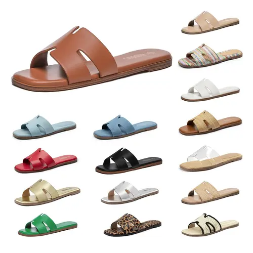 Rihero Women's Elegant Sandals, PU Leather Flat Slides with Square Toe, Comfy Fashion Slip-On for Summer, Comfy Sandals,back to school,back to school shopping,travel essentials,camping essentials, Dressy Flat Sandals, Elegant Fashionable Sandals
