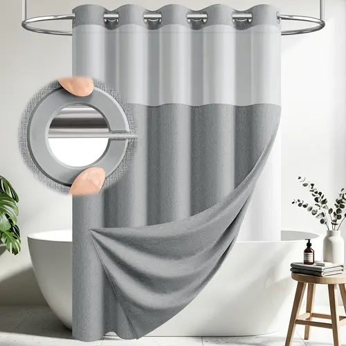 DYNAMENE  Faux-Linen Polyester Built‑in Ring Shower Curtain Set, 2-Layer with Snap-In Machine Washable Water-Resistant Liner, Mesh Window & Weighted Magnets, for Home, Bathroom, and RV Use,sohochic