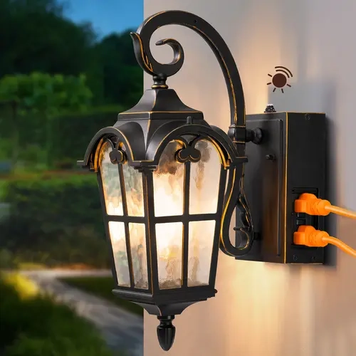 EDISHINE Dusk Sensor Outdoor Wall Lantern with GFCI Outlet, E26 Socket, Water Ripple Design, Waterproof Wall-Mount Sconce for Front Door, Outdoor Areas