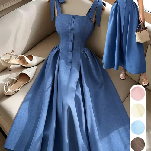Elegant Chic Square Neck Belted Dress, Butterfly Strap Choker Dress, Pure Color Slimming Long Dress, A Line Dress, Summer New Arrival, Daily Wear