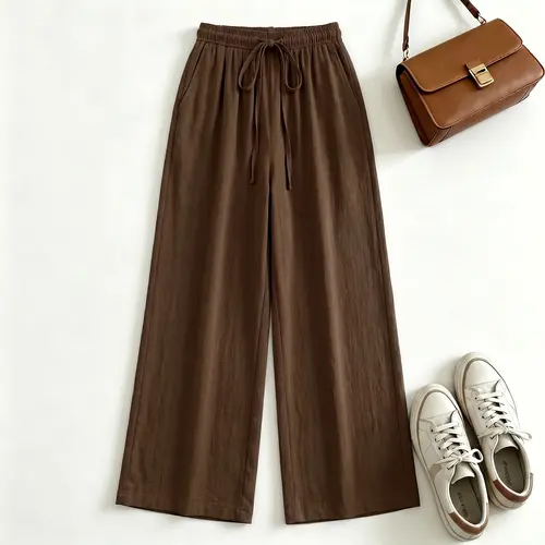 Women’s Summer New Wide Leg Casual Pants — Breathable, Comfortable, Versatile Fashion Long Pants with Elastic Waist and Drawstring