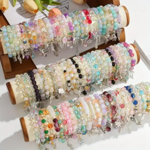 Women's 10/30-Piece Boho Style Bangles Set, Layered Glass Bead Stretch Bands with Floral, Heart & Butterfly Charms, Assorted Colored Wrist Stack Jewelry, Elegant Gift for Daily Wear & Special Occasions,sohochic