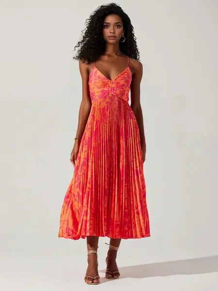 LikeMyChoice Womenswear Women's Floral Pleated Spaghetti Strap V-Neck Flowy Midi Dress - Summer Casual Beach Party Dress