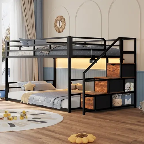 Sikaic Twin Over Twin Low Bunk Bed with Storage Staircase, Drawers & Shelves, RGB LED Lights & Power Outlet, Metal Floor Bunk Bed with Full-Length Guardrails and Metal Slats, Space-Saving Kids Bunk Bed, Home Furniture Christmas Gifts [SohoChic]