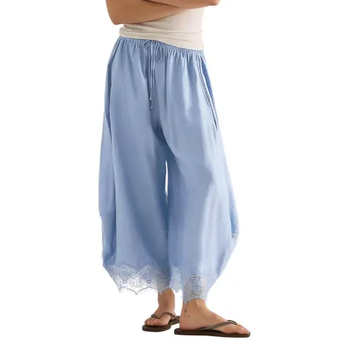 Arssm Women's Cropped Lace-Hem Pants High Waisted Drawstring Wide Leg Pants Casual Lightweight Trousers with Pockets