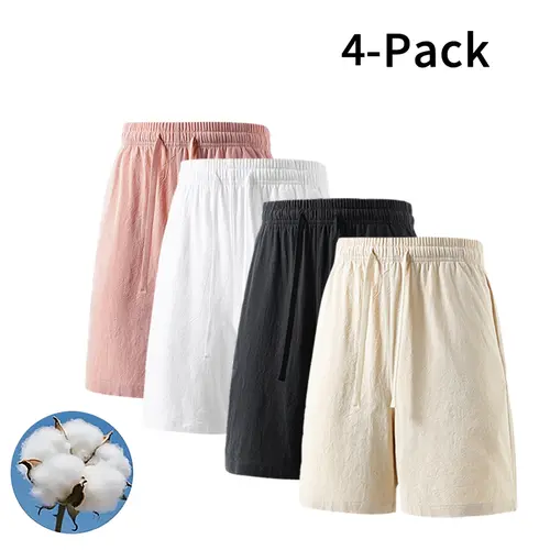 Men's Cotton Linen 4-Pack Shorts - Adjustable, Casual, Cotton Drawstring Bottoms, Assorted Colors (Apricot+Apricot+White+White), Street Wear, Summer Vibe, Big Savings