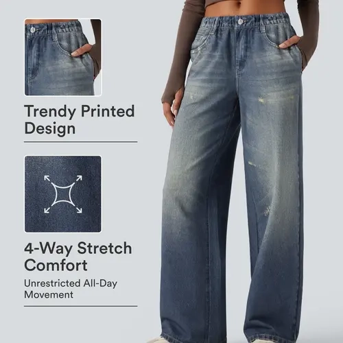 Halara Mid Rise Denim Print French Terry Casual Sweatpants Jeans with Pockets #BackToSchool