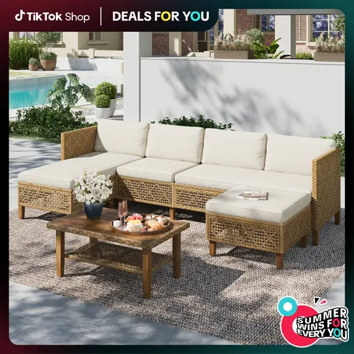【1 or 2 Packages Shipping】PHIVILLA Boho Wicker Patio Furniture Sofa Set, 3/5 Seaters, Outdoor Rattan Sectional Sets Conversation Set - Weather-Resistant, with Dual Storage Coffee Table Acacia Wood Legs for Garden, Patio & Deck,TikTokShopBackToSchool
