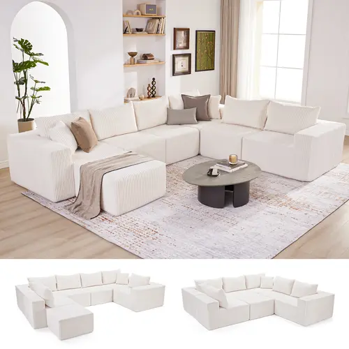 【4 packages】135.4" Cloud Couch Sectional, Sectional Sleeper Sofa with Deep Seat, Plush Corduroy U Shaped Boneless Couch, Convertible Modular Couches for Living Room, 7Seat