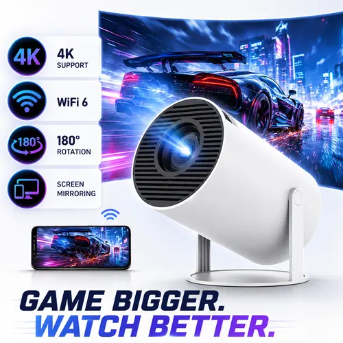 HY300Pro+ Portable Mini Projector, 4K Decoding Smart Projector with WiFi 6, 5GHz WiFi & Bluetooth 5.0, 720P HD Native Resolution, 290 ANSI Lumens, Compact Outdoor Movie Projector for Home Theater, Bedroom, Gaming