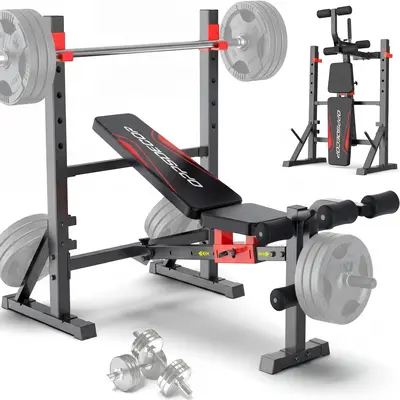 【Live Only】OppsDecor Home Gym Adjustable Weight Bench Set - Fast Folding Strength Training Benches Workout Station with Squat Rack, Leg Extension, Leg Curl, Adjustable Back/Seat/Barbell Rack, Flat Incline Decline Positions for Press Training,summervibes