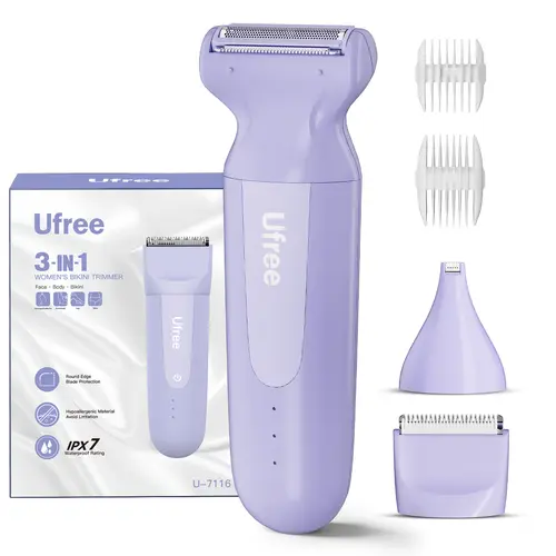 Ufree Women's 3-in-1 Electric Shaver with Ceramic Blades - IPX7 Waterproof Bikini Trimmer, Cordless Rechargeable Groomer for Legs, Armpits, Valentine's Gift, Shaver For Women