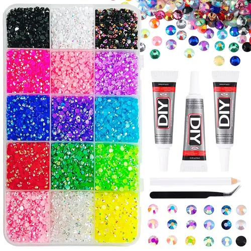 15 Color Resin Jelly Glitter Rhinestones, Rainbow Effect Gems with Glue and Tweezers, DIY Craft Supplies, Nail Art Accessories, Nail Art Decor, Fabric Decoration, Flatback Crystals, with Adhesive Glue, Diamond Painting