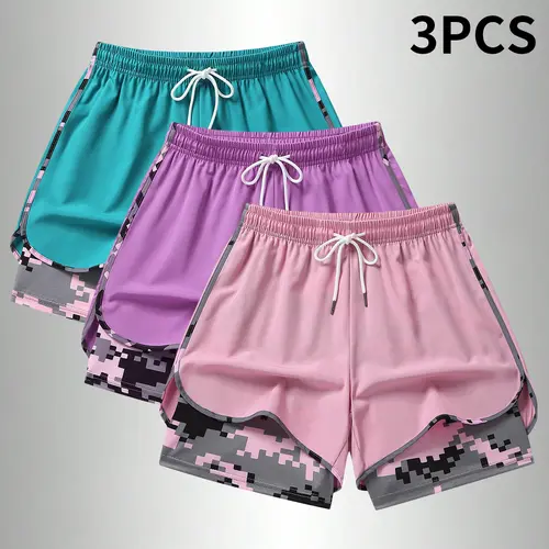 3PCS Women's   Sports Shorts, Camo Lined Polyester Athletic Shorts, Regular Fit， Elastic Drawstring Waist, Casual Lightweight Shorts for Running, Gym Workouts & Daily Casual Wear,summerwins