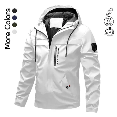 Men's Lightweight Hooded Windbreaker Jacket - Casual Outdoor Fashion Coat with Utility Pockets & Sleeve Patch Beige Long Sleeve
