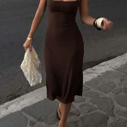 Women's Basic Solid Color Bodycon Slip Dress, Sleeveless Backless Spaghetti Straps Plain Slim Fit Midi Dress, Party Club Date Holiday Daily Casual Elegant Dresses For Ladies All Seasons Summer Fashion Clothes Wear, Chic Elegant Fitted