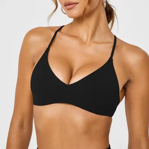 Women's Backstrap Bra-Style Sports Bra - Thin Straps, Back Buckle Detail, Integrated Padding, Backless Gym Bralette for Yoga, Gym Workouts, Bra-Style Sports Bras