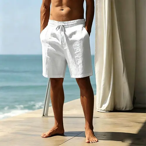 Men's Lyocell Linen Fabric Shorts - Stylish American Casual Menswear, Breathable Plain Simple Retro Solid Color Summer Bottoms
