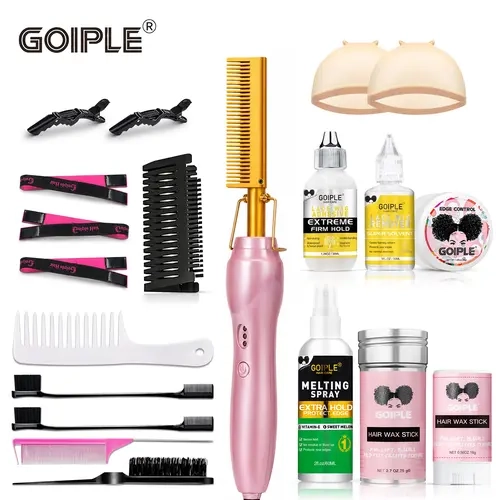 Goiple Electric Hot Comb Styling Set, Titanium Pressing Comb & Wig Install Kit, Sleek Smooth Hair for Lace Front Wigs