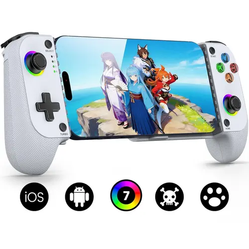 Mocagen MC1 Bluetooth Wireless Mobile Game Controller Handle - Adjustable Hall Effect Induction Joystick, Enhanced Grip, Case-Friendly, 7-Color LED Light, Turbo Buttons, Travel Dust Bag for iPhone (All Models) & Android Gaming Accessories, Handheld, Conso