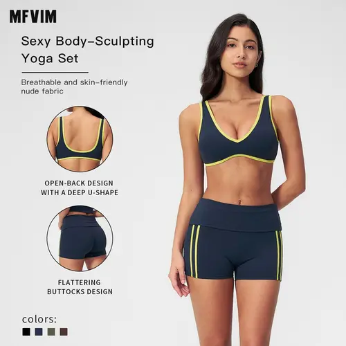 MFVIM Women's 2 Piece Color Block Backless Bra & High Waisted Striped Athletic Shorts Set Sports Fitness Outfit, Matching Sets for Women, Suitable for Yoga, Running,back to school,back to school haul,sohochic