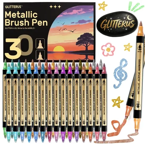 Glitterus Metallic Acrylic Paint Markers - Dual Brush-Fine Tip Art Pens, Unisex Office Supplies for Doodle Art, Valentine's Day Gifts, sohochic