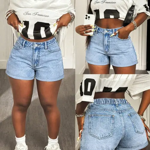 New Plus Size Curvy Women's Denim Crop Shorts, Rolled Hem, Elastic Waist, Y2K Style, Comfortable Fit, Ideal for Daily Wear, Casual Outings, Cycling and Parties, Pocket