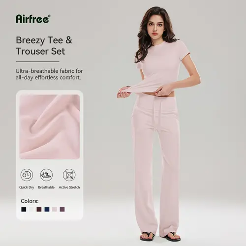 Women's Airfree 2-Piece Active Wear Set - Shaping Support, Breathable Quick-Dry Crew Neck T-Shirt & Straight-Leg Pants (30in, 32.5in Inseam) for Regular/Tall Sizes, Sporty Chic Casual Use, 2 Pcs Set,sohochic